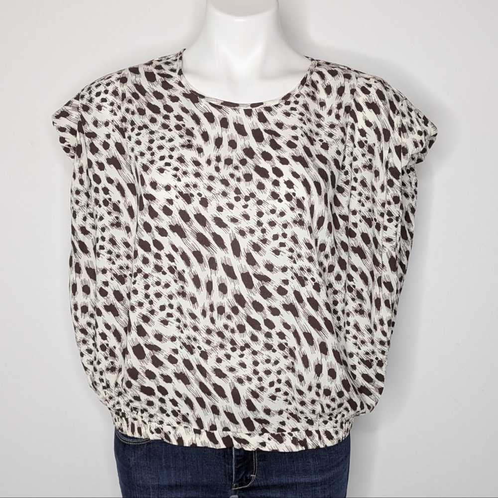NWT Express White Brown Animal Print Short Sleeve Elastic Waist Blouse XL